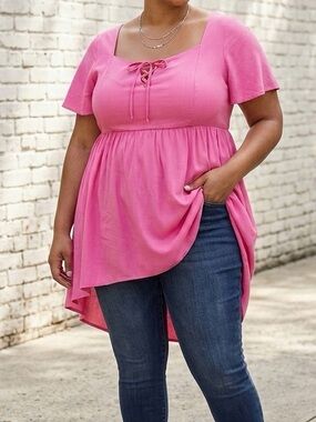 TORRID Pink Babydoll Challis Lace Up Shirt Size 1X High Low Flowy Tunic Shirt
